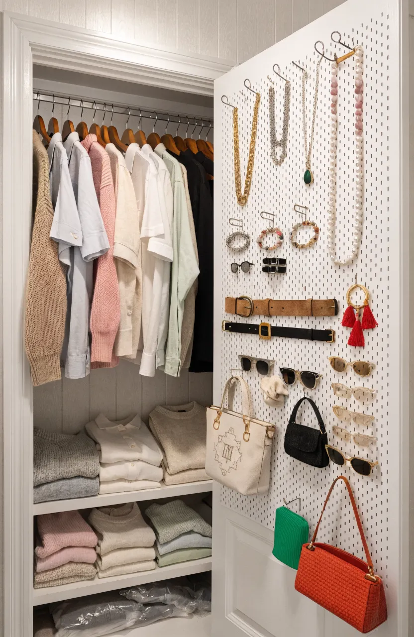 A white pegboard mounted on the inside of a closet door holding belts and bags.