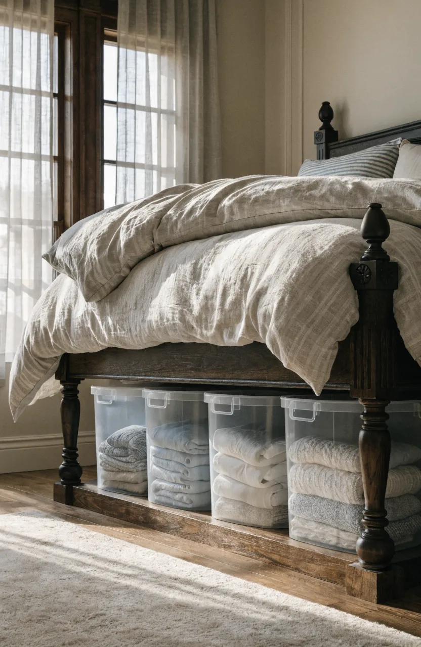 A bed lifted by furniture risers to create space for storage bins underneath.