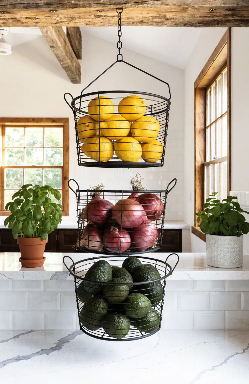 Three-tiered wire baskets hanging in a kitchen filled with fresh fruit and vegetables.