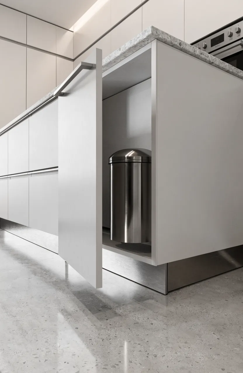 A small trash can with a lid mounted to the inside of a gray kitchen cabinet door.