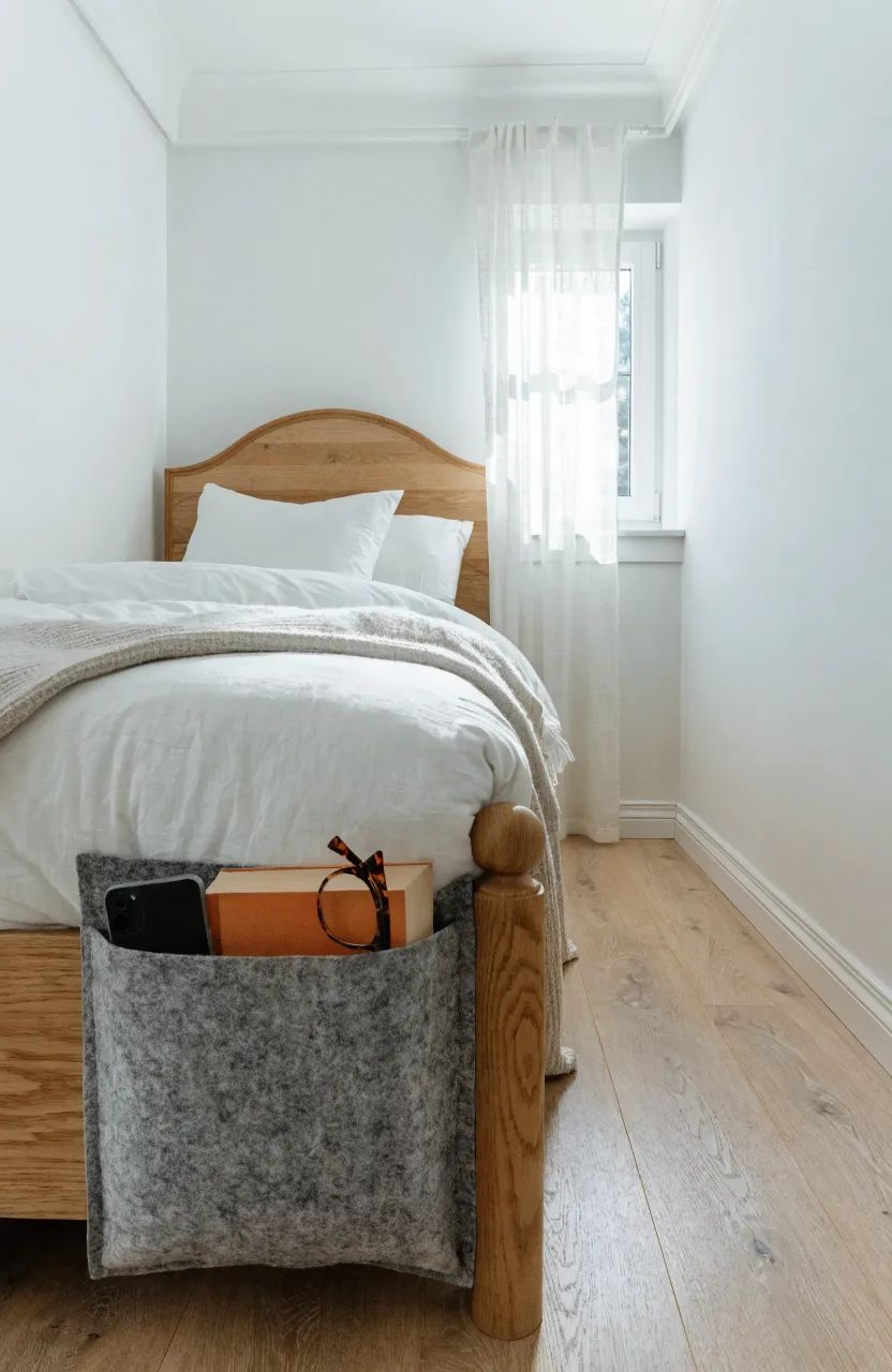 A grey felt storage pocket tucked into a bed frame holding a book and phone in a small white bedroom.