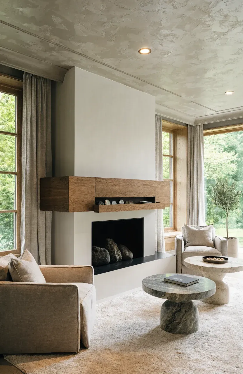 A modern wooden floating mantel with a secret drawer partially open to show hidden storage space.