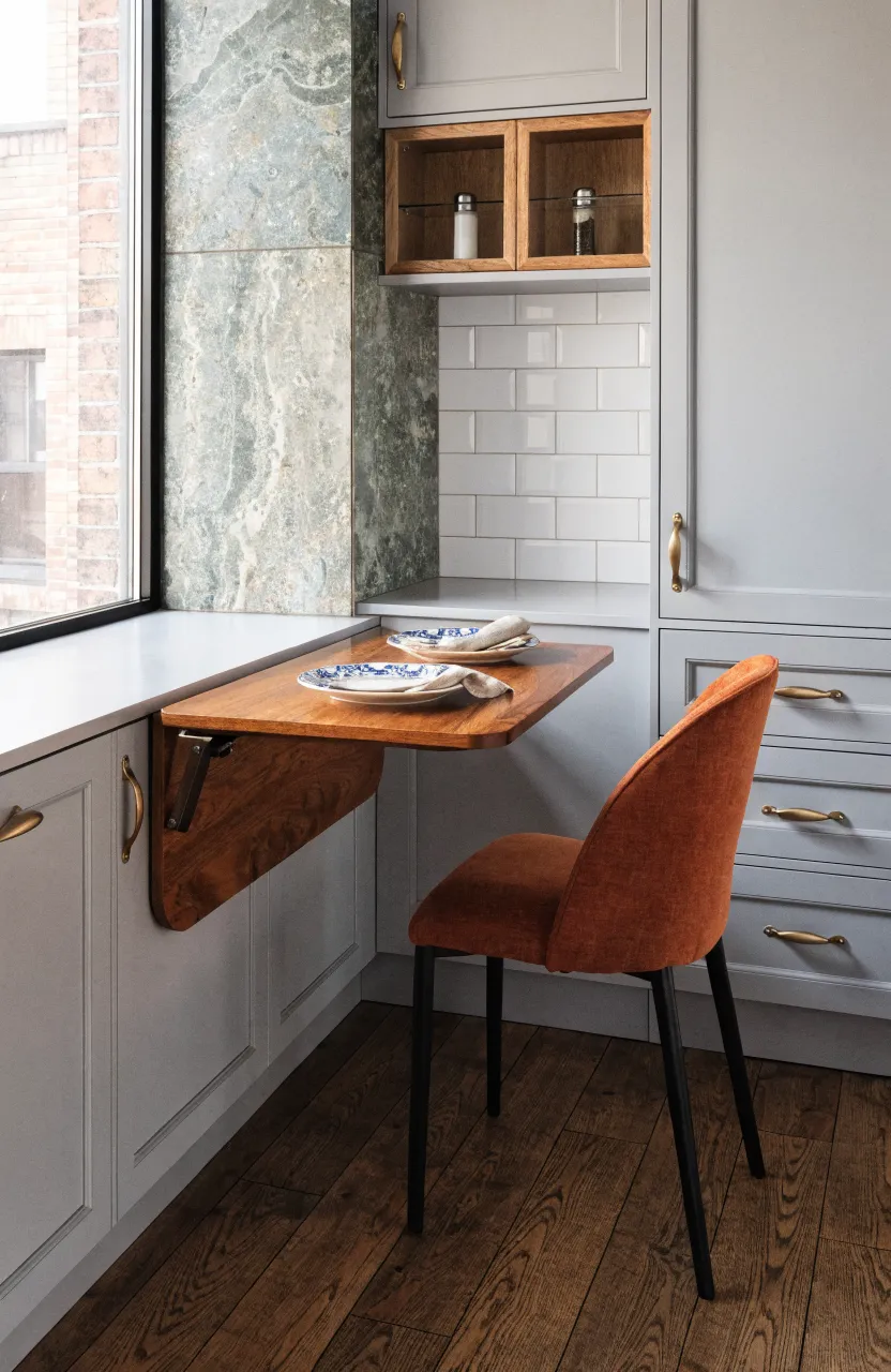 A wooden drop-leaf table mounted to a kitchen wall, set for dinner in a small apartment.