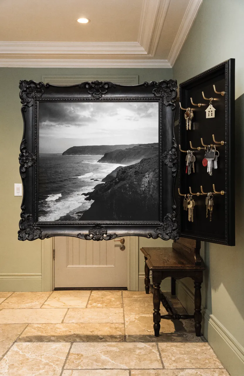 A picture frame swung open on a hinge to reveal hidden hooks for keys inside the wall.