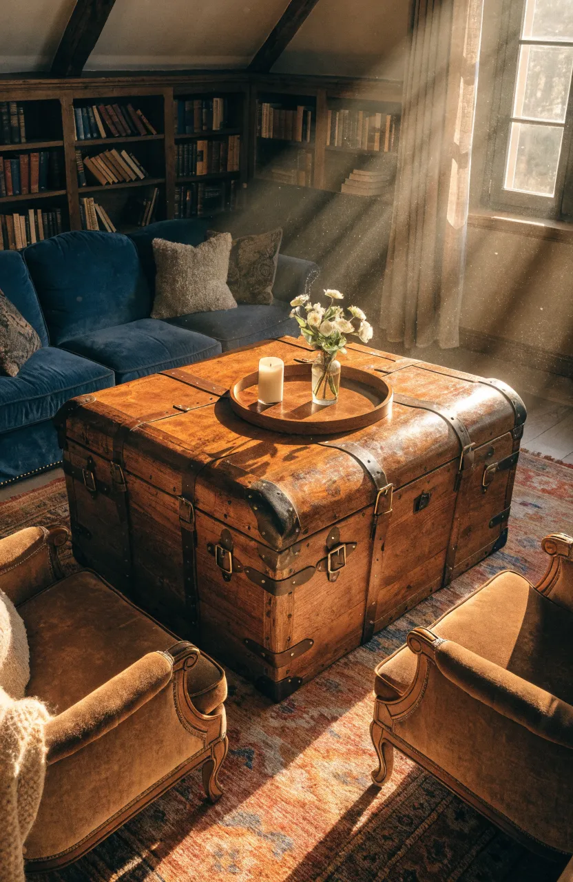 A large antique wooden trunk used as a coffee table in the center of a cozy living room.