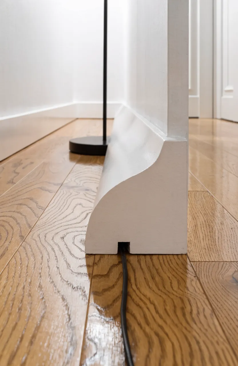 A white baseboard with a hidden channel neatly concealing electrical wires along a wood floor.