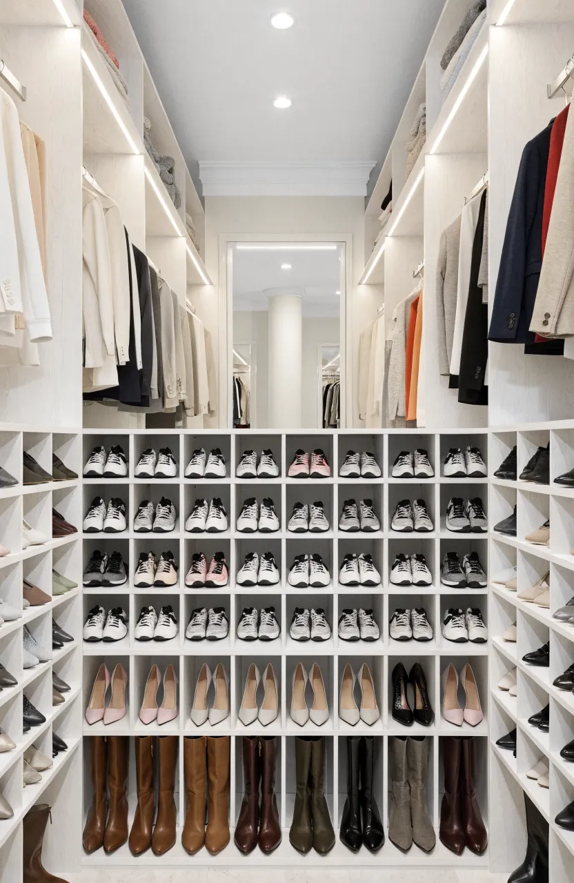 Stacked white cubby shelves on a closet floor holding many pairs of neatly organized shoes.