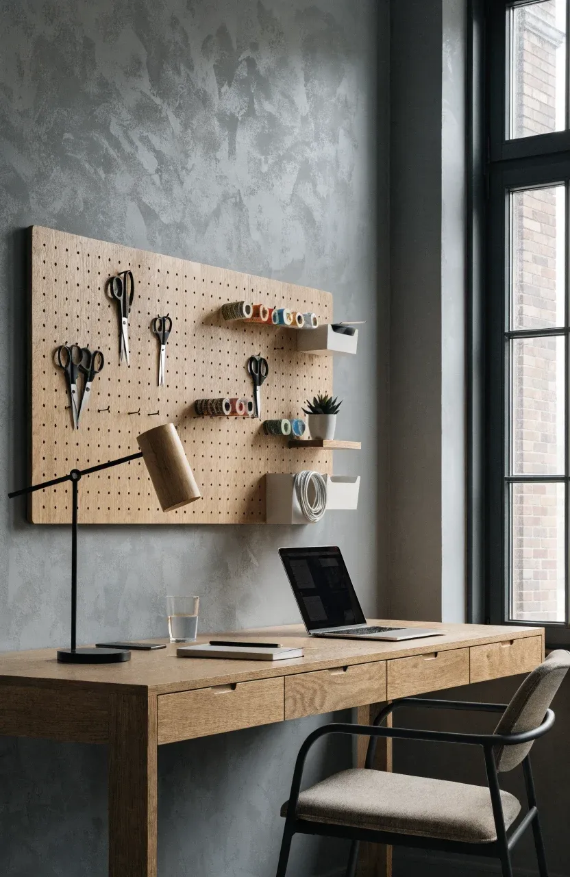 A large wooden modular pegboard with black hooks and white bins on a grey office wall.