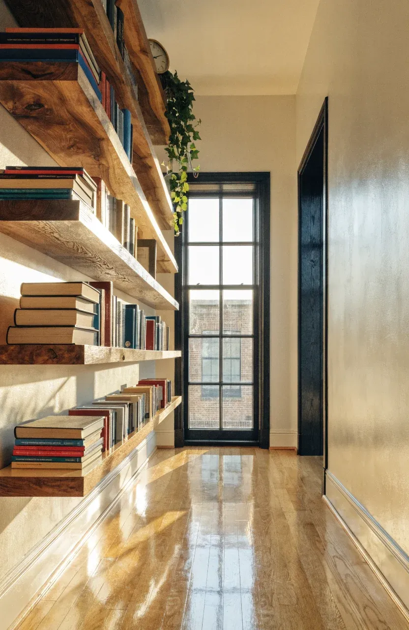 Staggered walnut floating shelves filled with books on a bright white hallway wall.