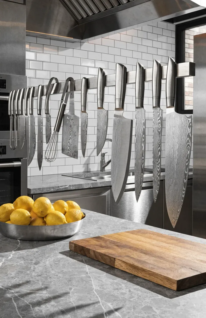 A magnetic metal strip holding chef knives on a white subway tile kitchen backsplash.