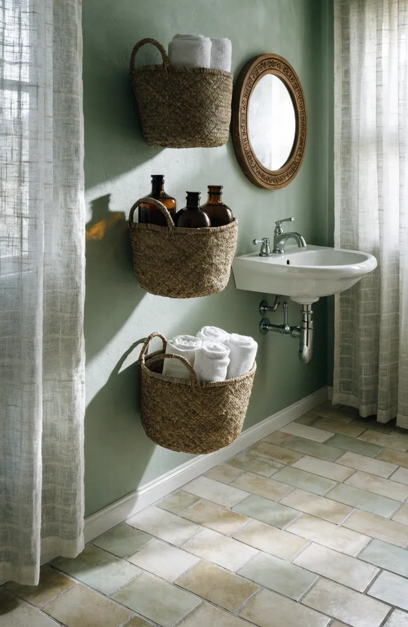 Three woven seagrass baskets mounted on a sage green wall holding rolled white towels.