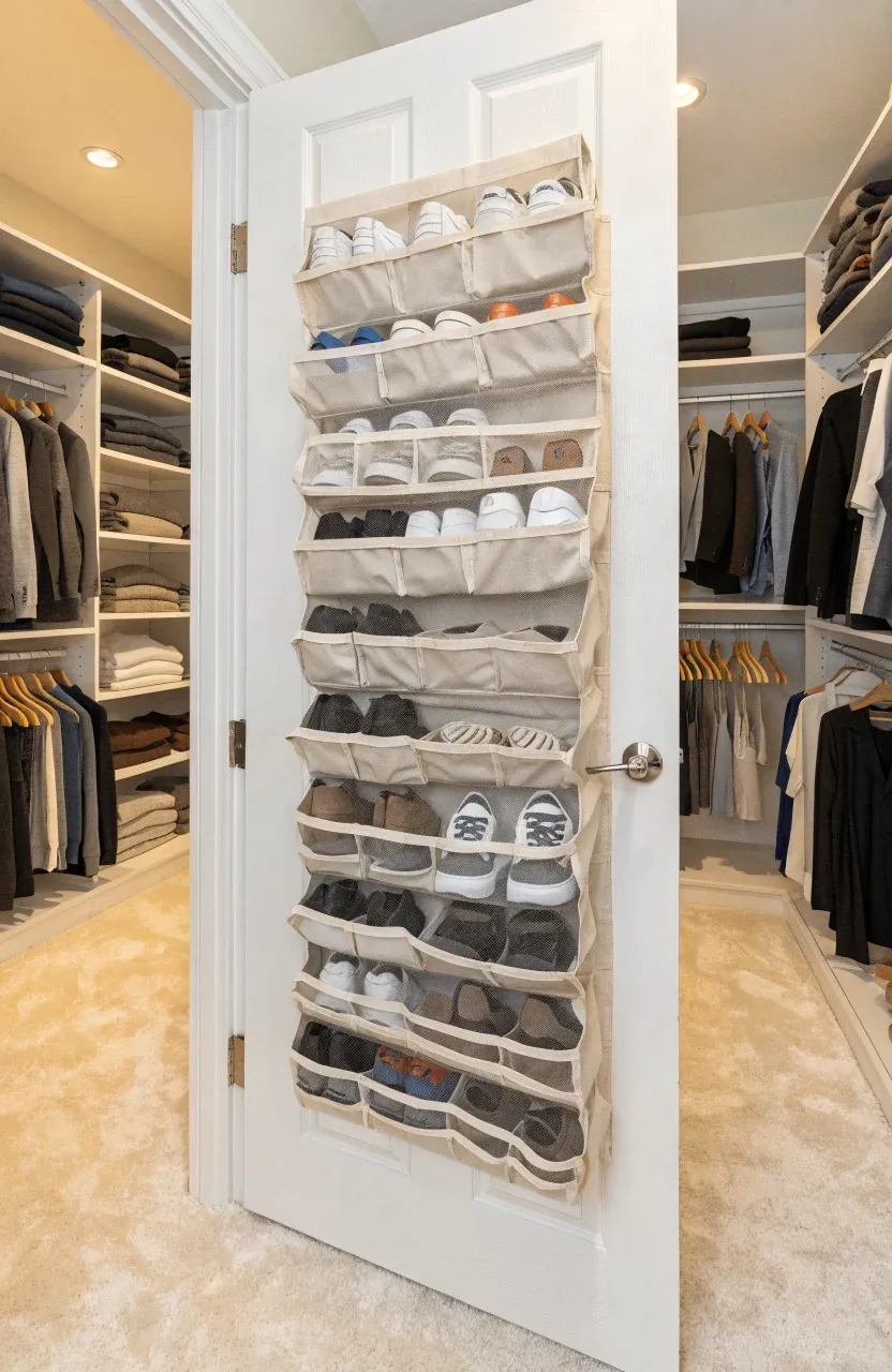 A white closet door with a canvas pocket organizer holding several pairs of shoes.