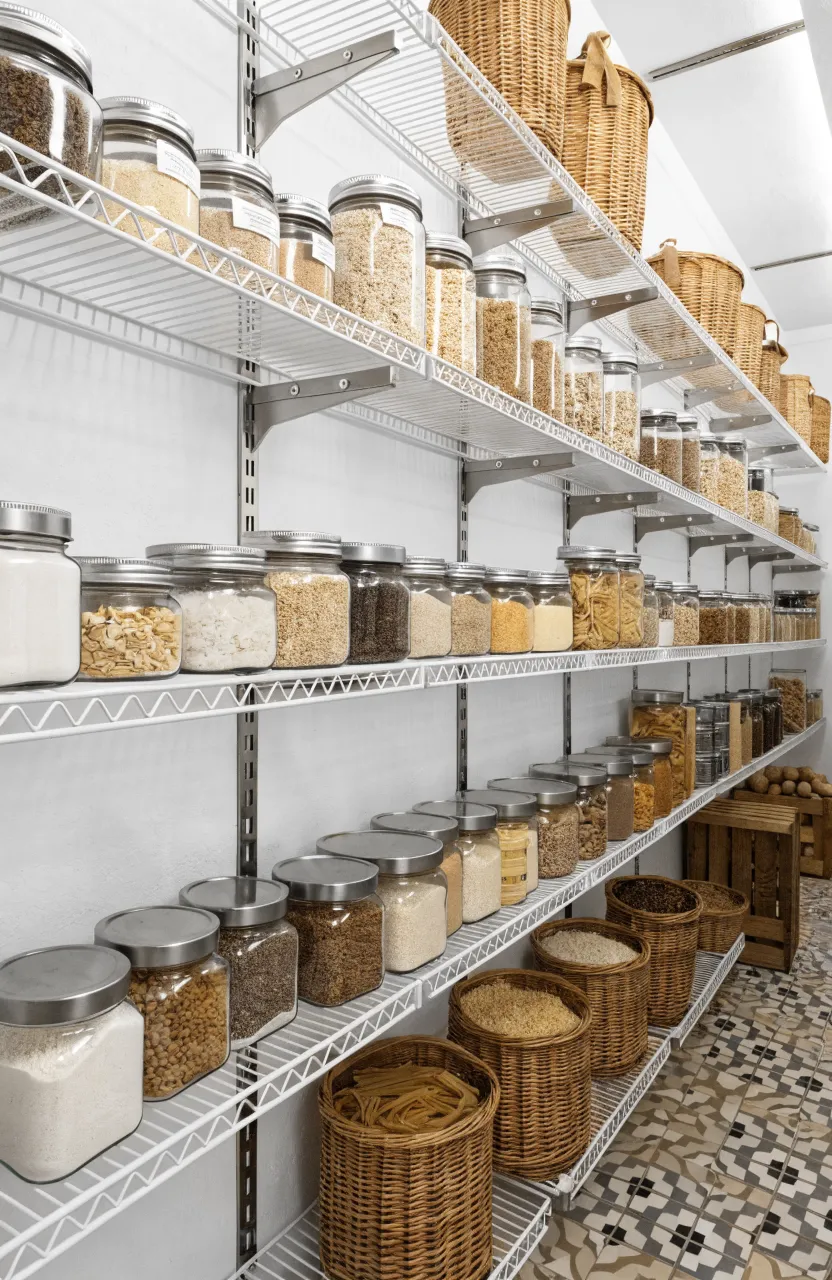 A pantry with white adjustable wire shelving holding glass jars and wicker baskets.