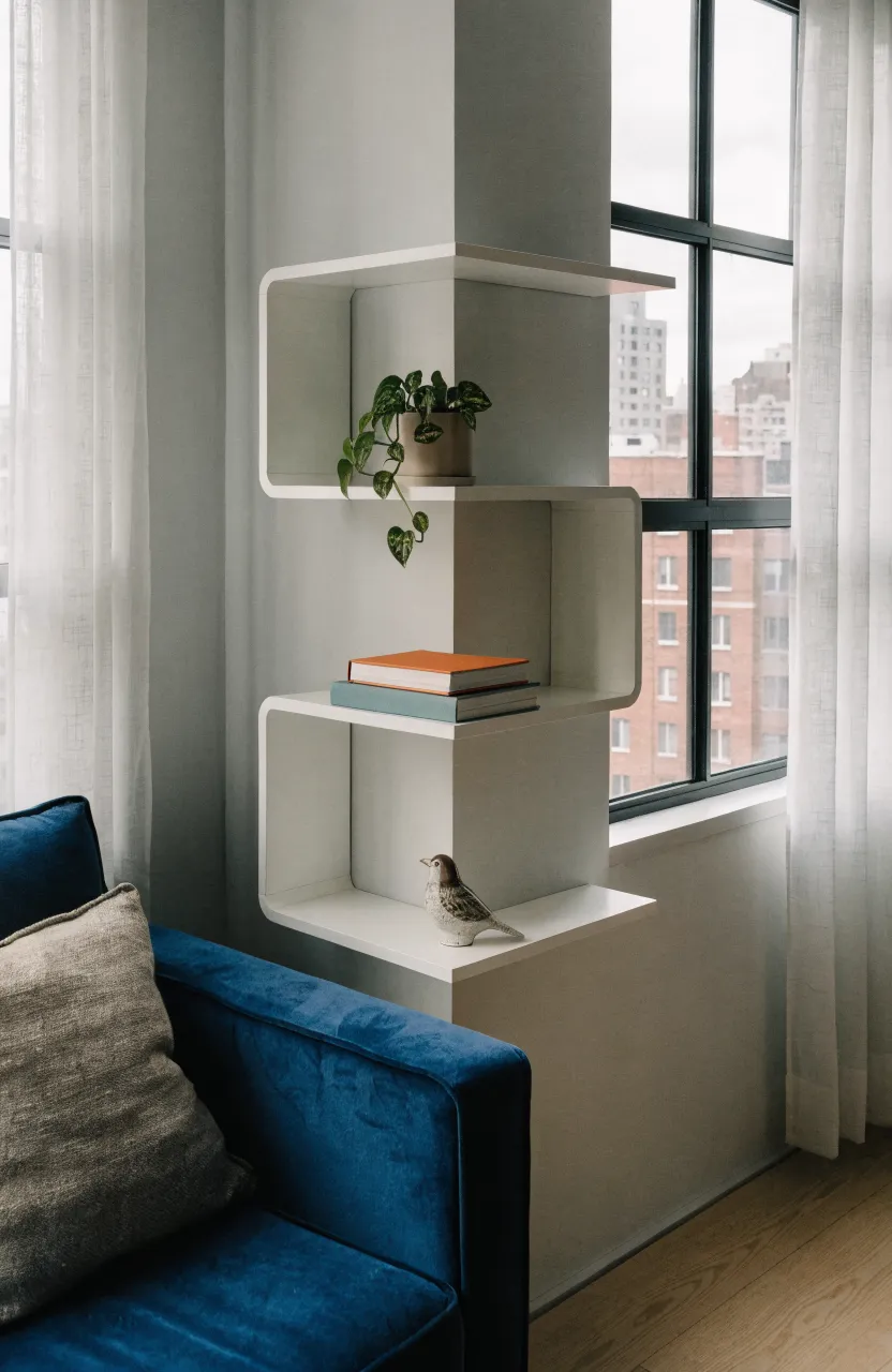 White L-shaped floating shelves installed in a room corner holding a small plant and books.