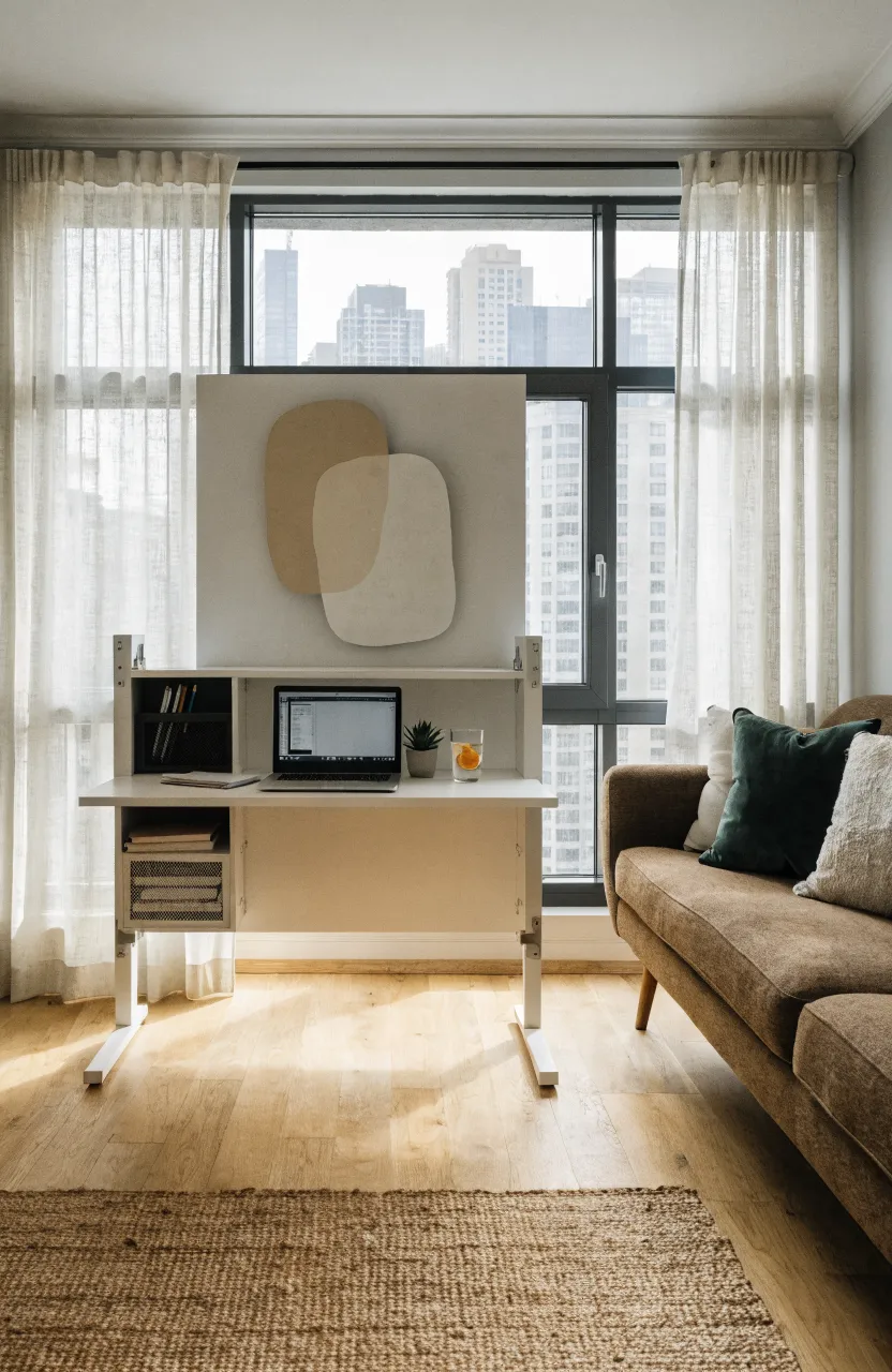 A white fold-down wall desk opened to show a laptop and organized workspace in a bright modern room.