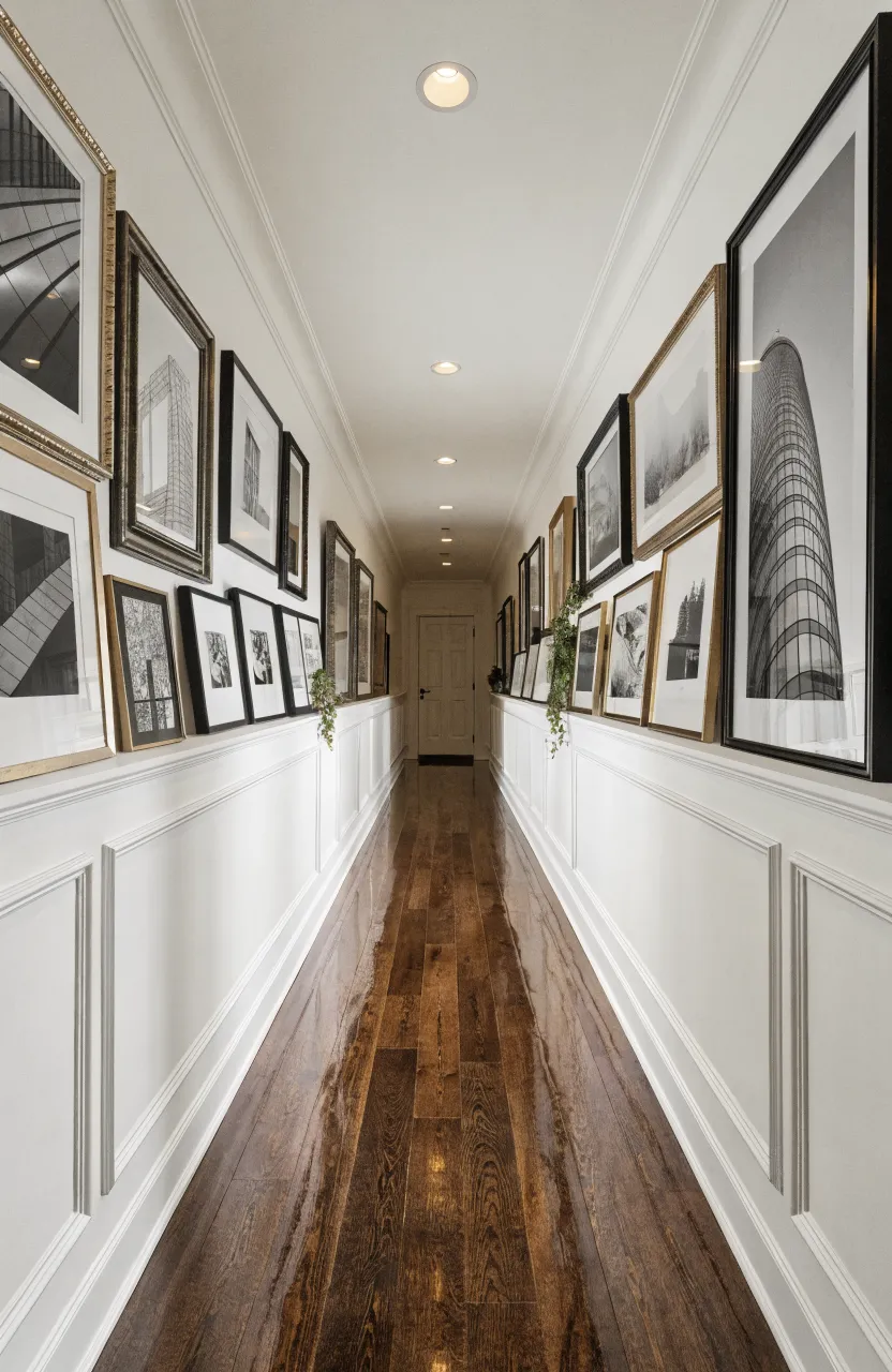 Narrow hallway with white picture ledges mounted near the ceiling holding framed art and small plants.
