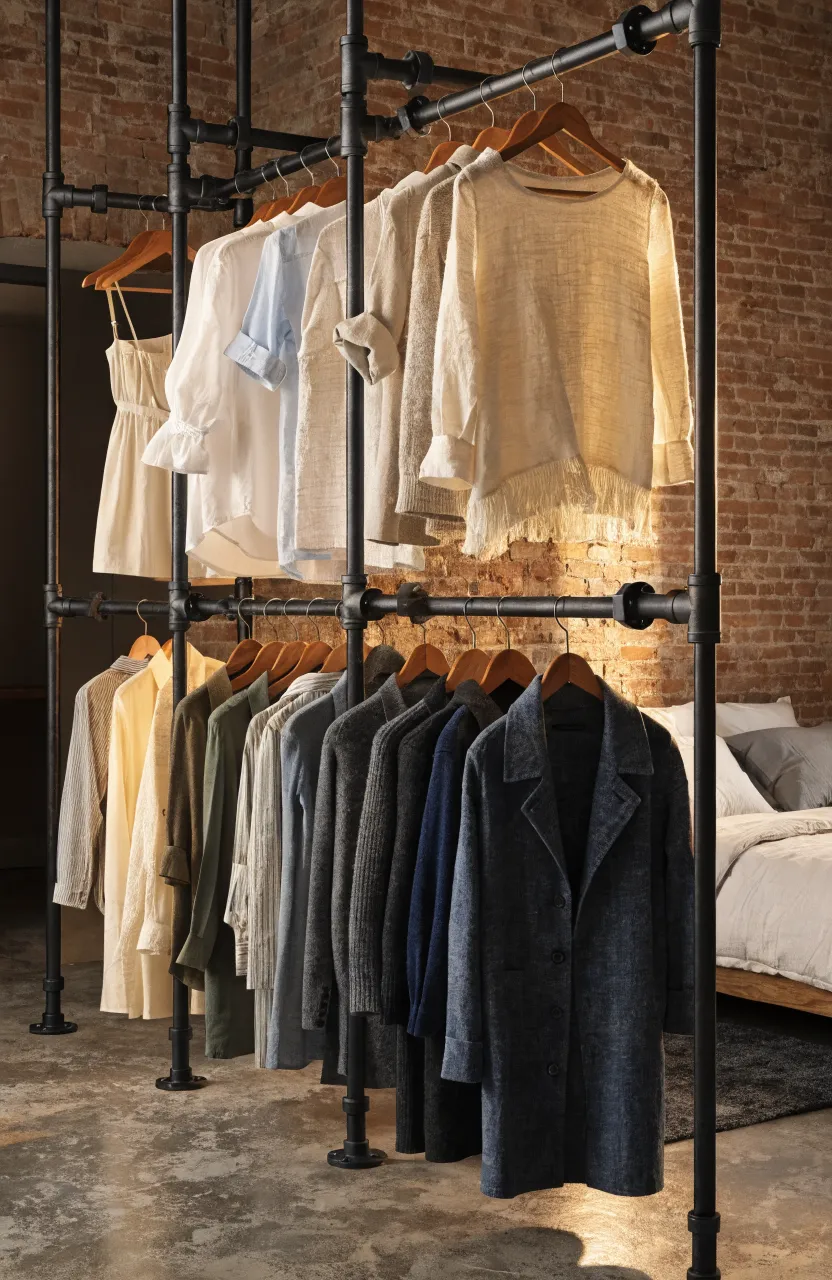 Black industrial pipe clothing rack mounted on a brick wall with neatly organized clothes on hangers.