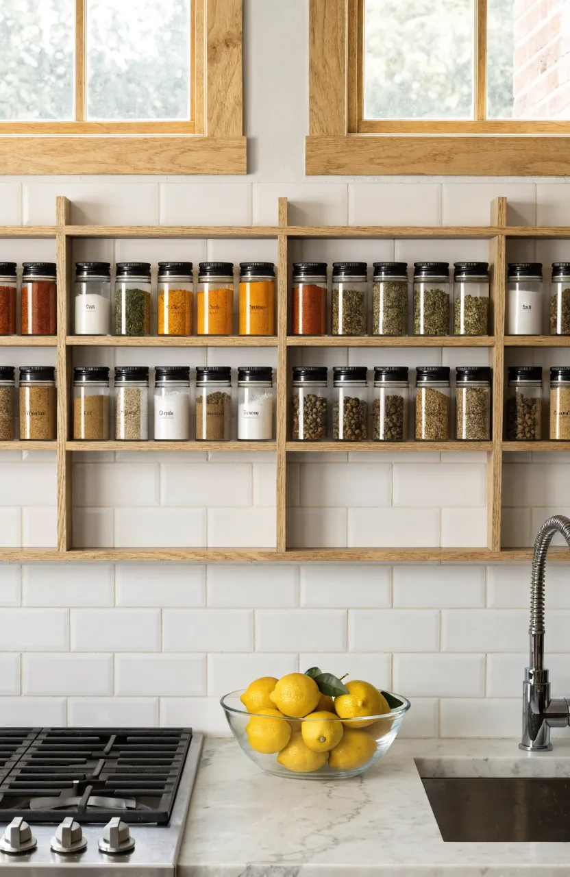 Wooden spice racks mounted on a white tile wall holding organized glass jars with colorful spices.