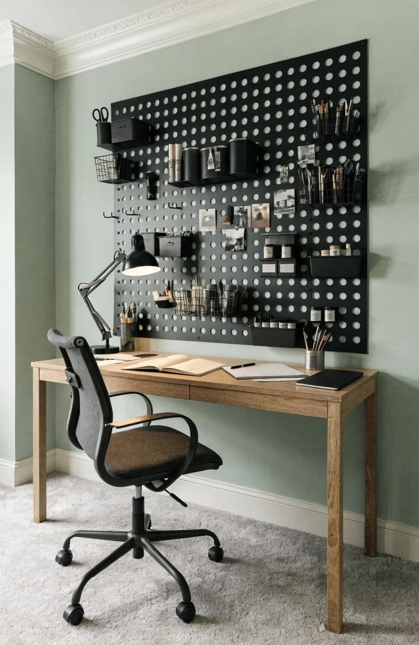 Black metal pegboard wall organizer above a desk with neatly arranged office and craft supplies.