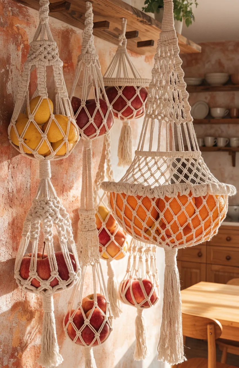 Hand-woven macrame slings hanging on a kitchen wall filled with fresh oranges and lemons.