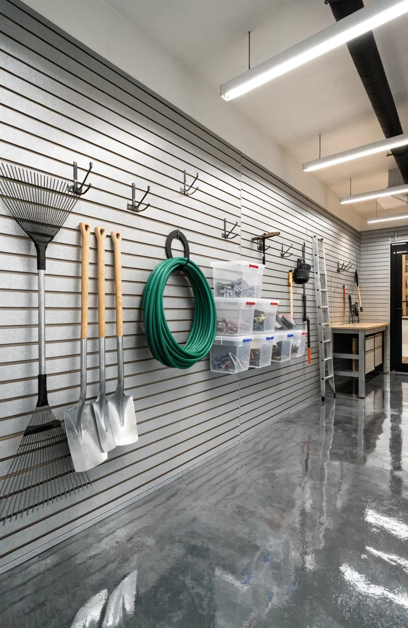 Gray slatwall system on a utility room wall with hooks holding garden tools and storage bins.