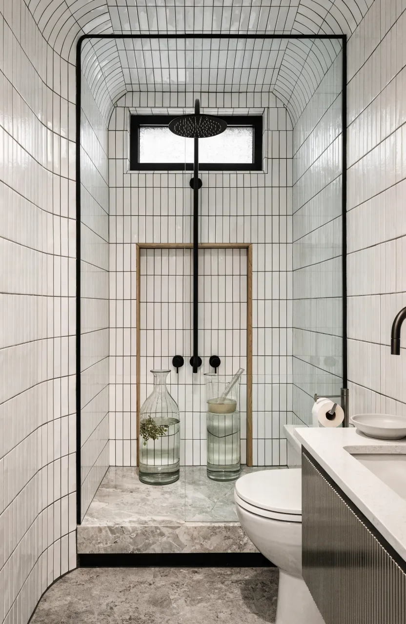 A modern white tiled shower featuring a built-in recessed wall niche for shampoo bottles.