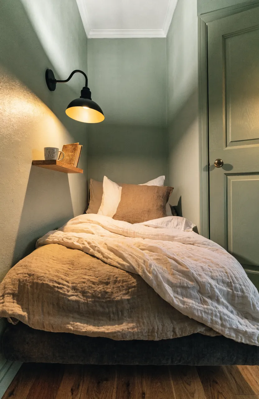 A narrow bedroom with a wall-mounted wooden shelf and black sconce saving space next to a bed.