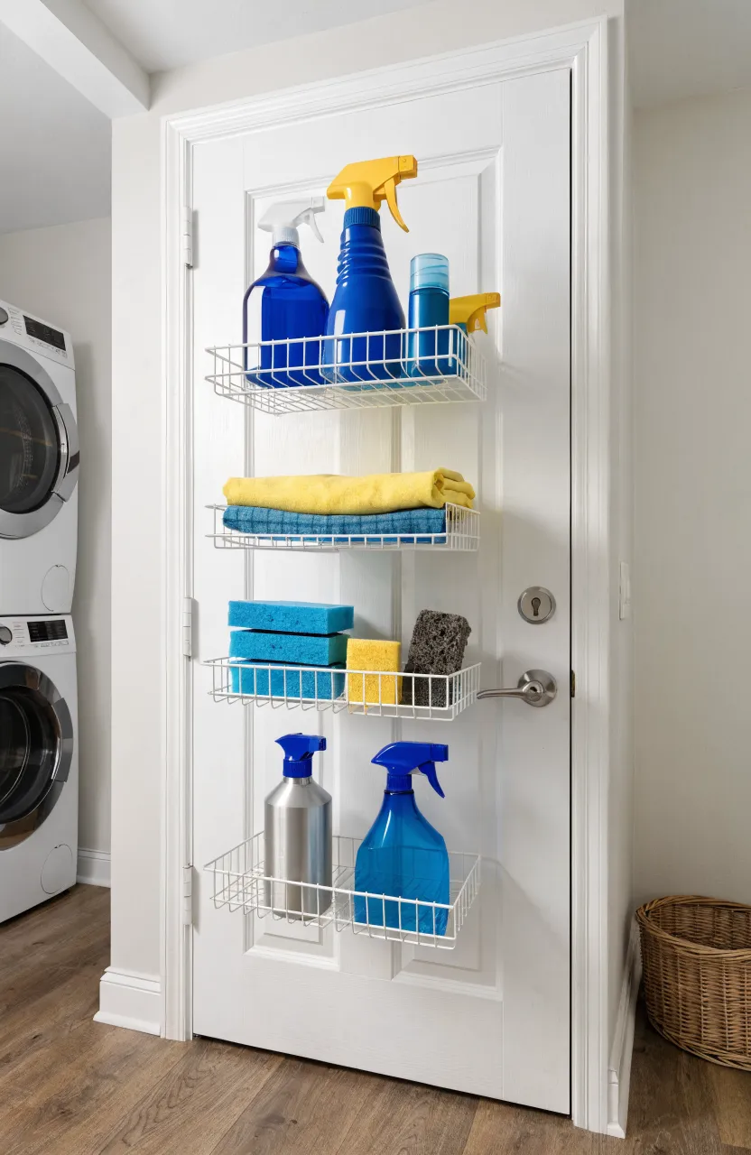 A white wire rack hanging over a laundry room door filled with organized cleaning supplies.