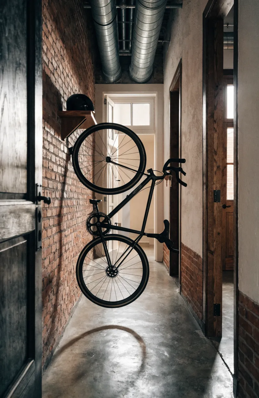 A road bike hung vertically on a brick wall with a small shelf for a helmet in a modern loft.