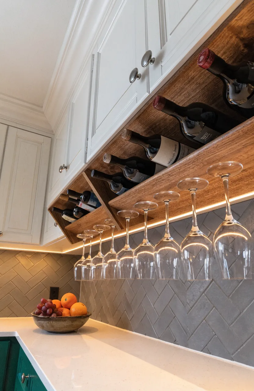 A wooden wine rack mounted under kitchen cabinets holding bottles and hanging glasses.