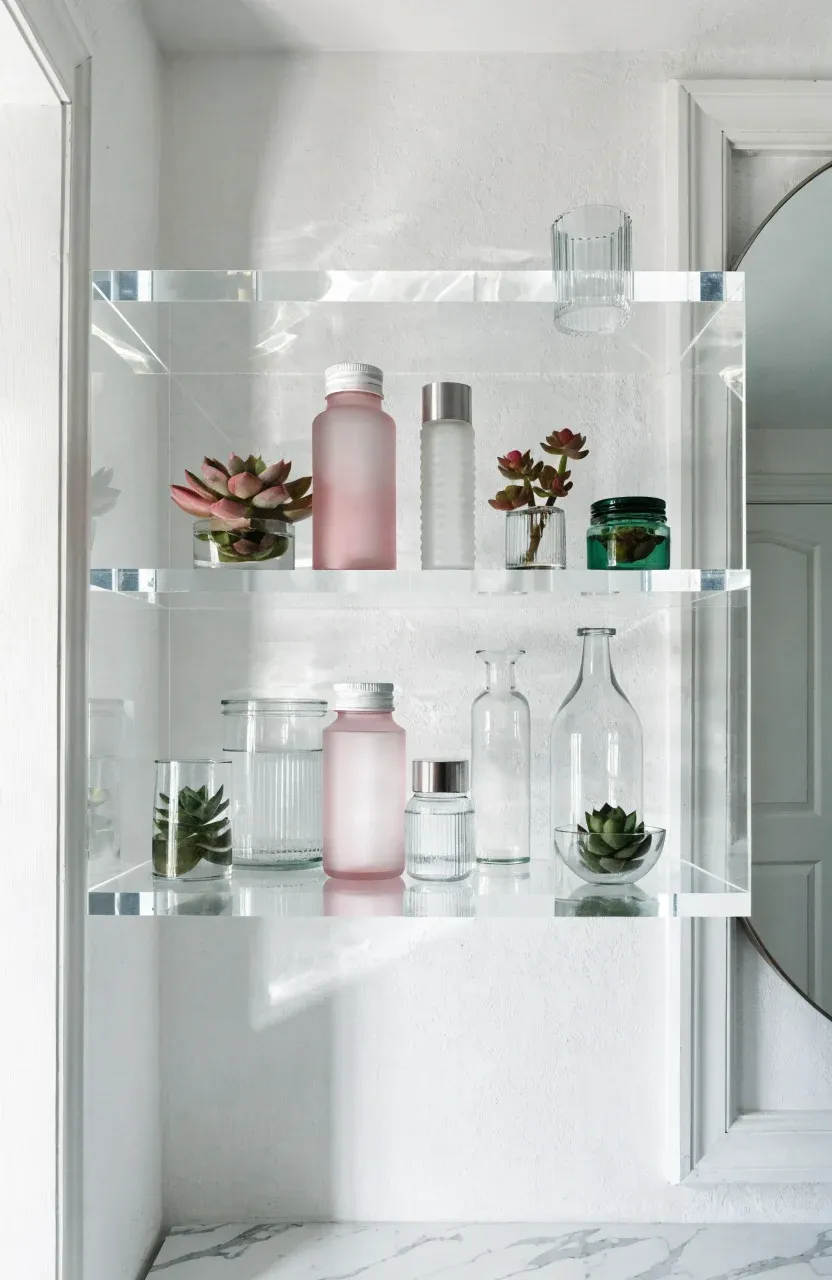 Transparent acrylic floating shelves on a white wall holding colorful skincare products.