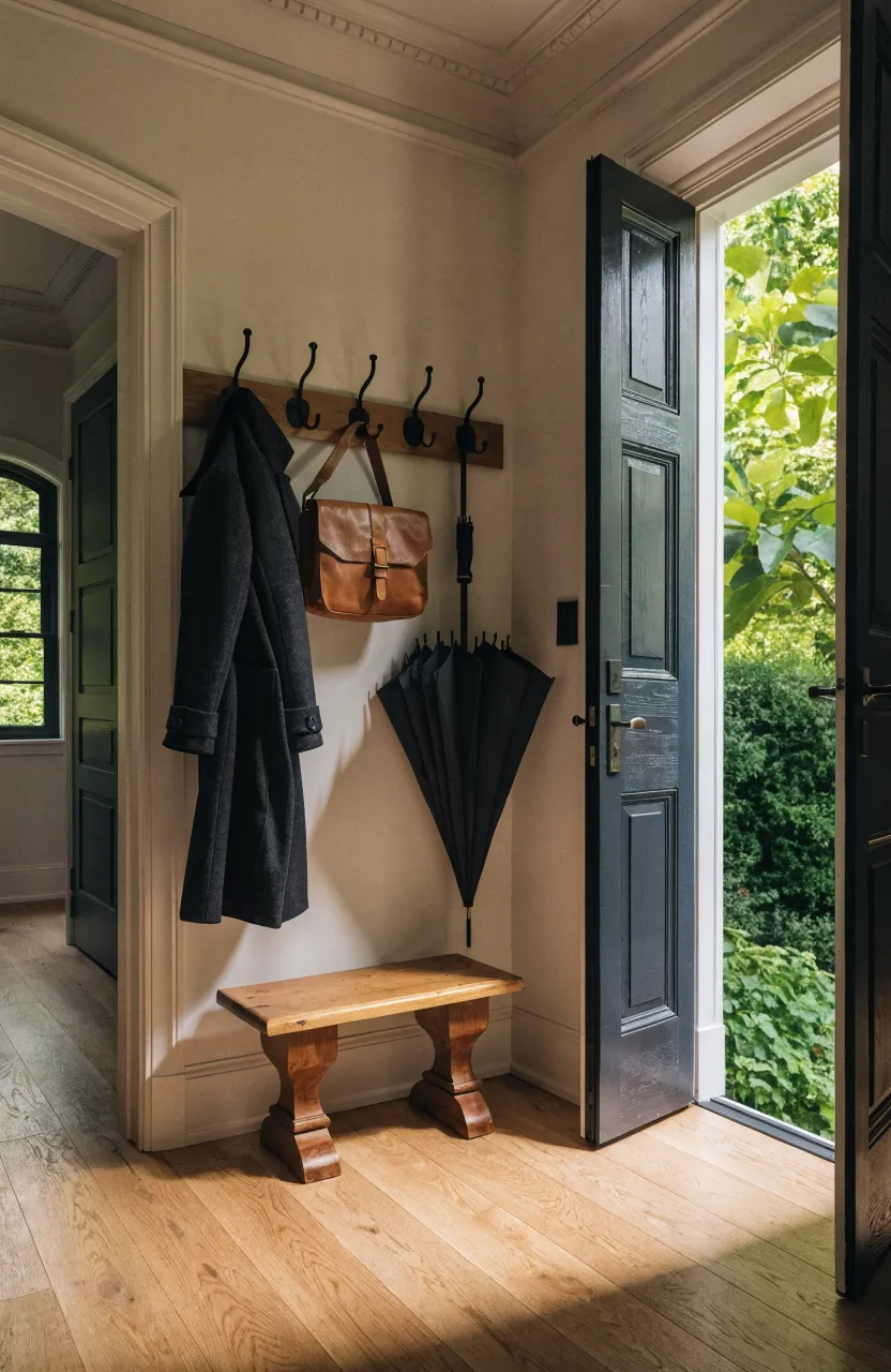 A row of black wall hooks in an entryway holding a winter coat and a leather bag.