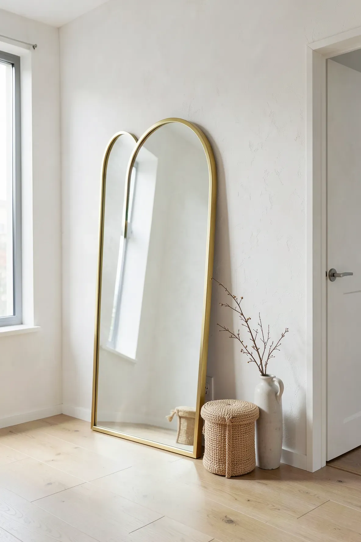 A tall gold arched mirror leaning against a white wall in a bright, modern entryway with wood floors.