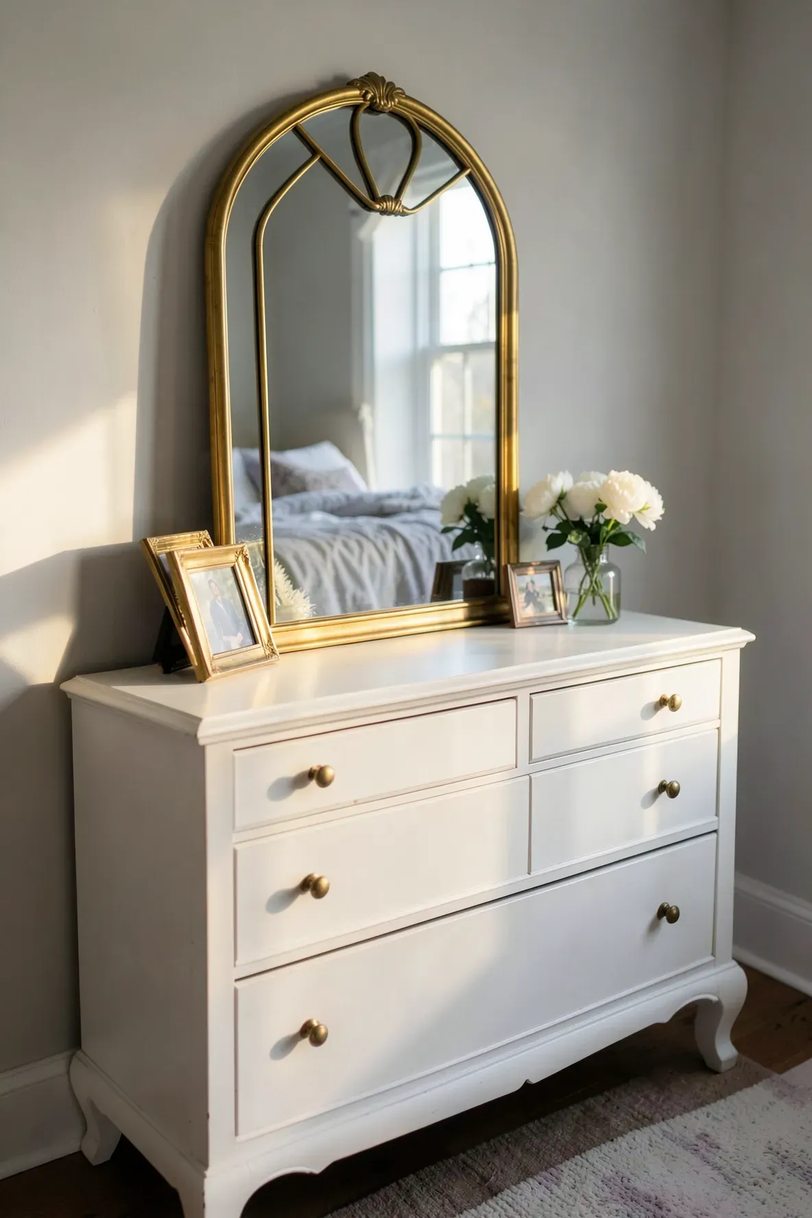 An arched gold window-pane mirror hanging over a white dresser in a bright, cozy bedroom.