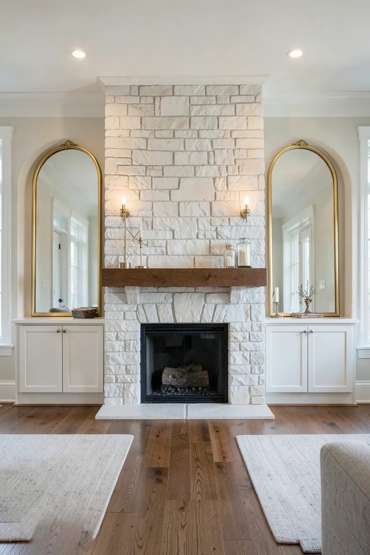 Two identical gold arched mirrors mounted on either side of a large stone fireplace in a luxury living room.