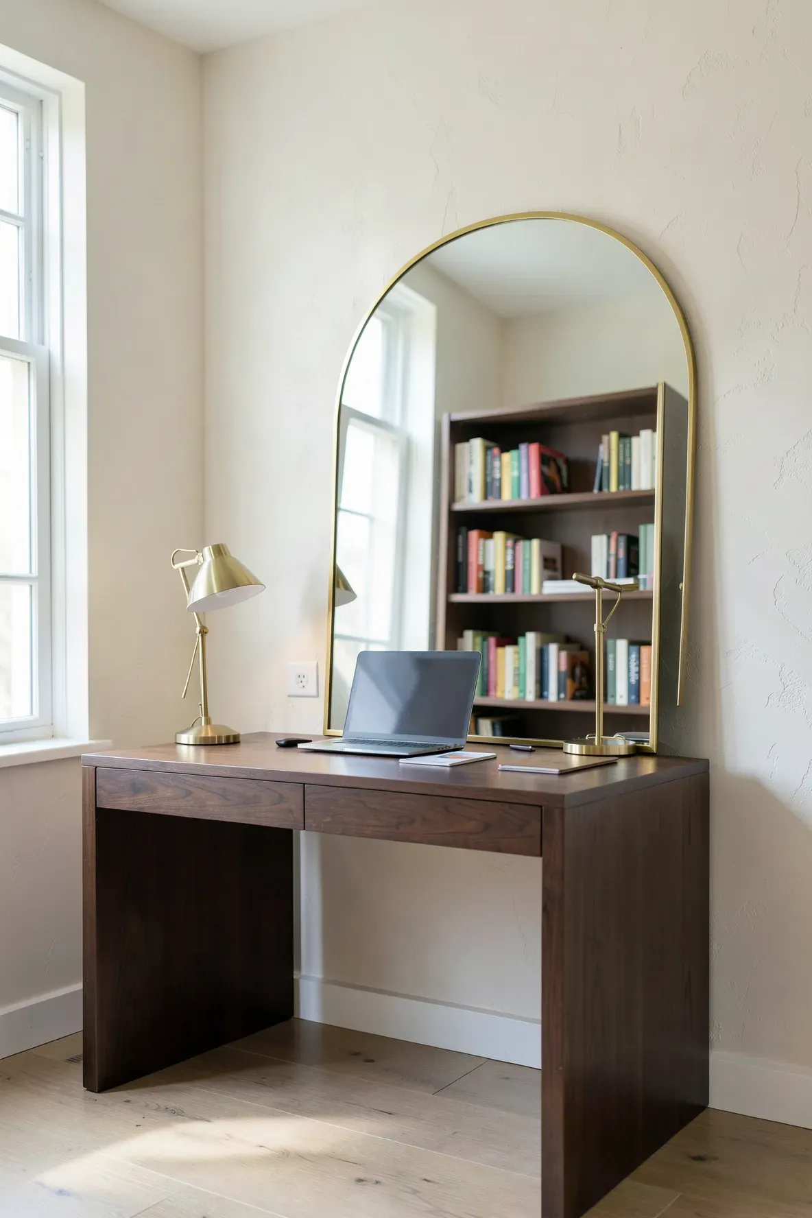 A large gold arched mirror placed behind a small wooden writing desk in a bright, modern home office.