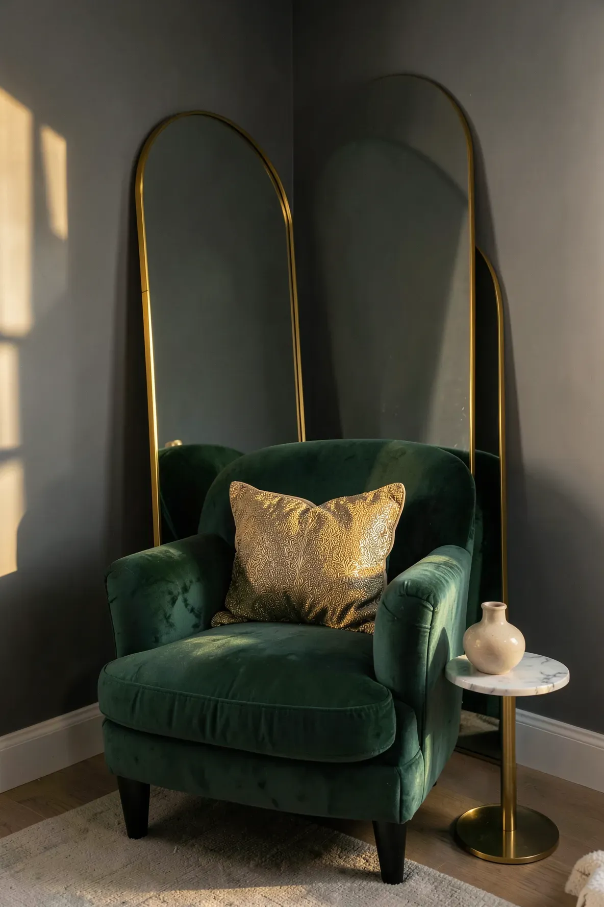 An emerald green velvet armchair positioned in front of a tall gold arched mirror in a cozy corner.