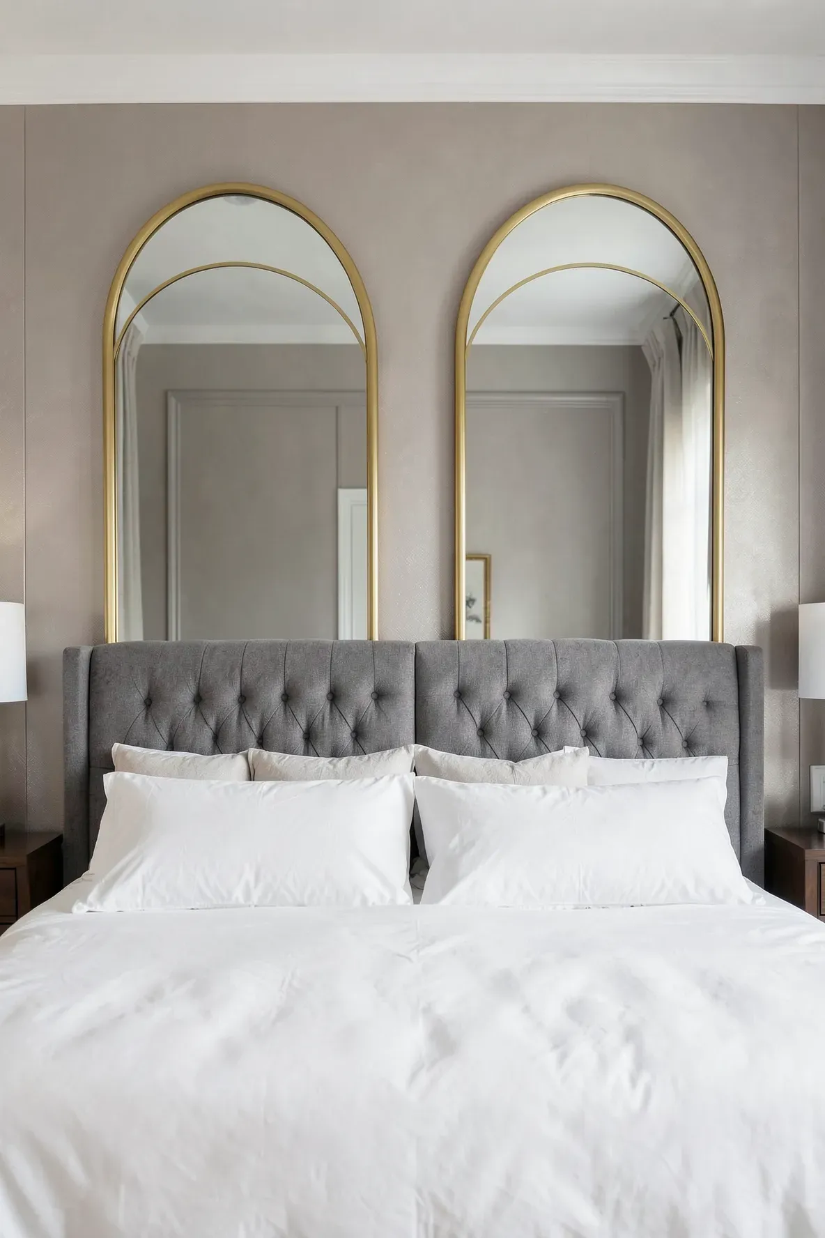 Two identical gold arched mirrors hanging side-by-side on a bedroom wall above a stylish bed.