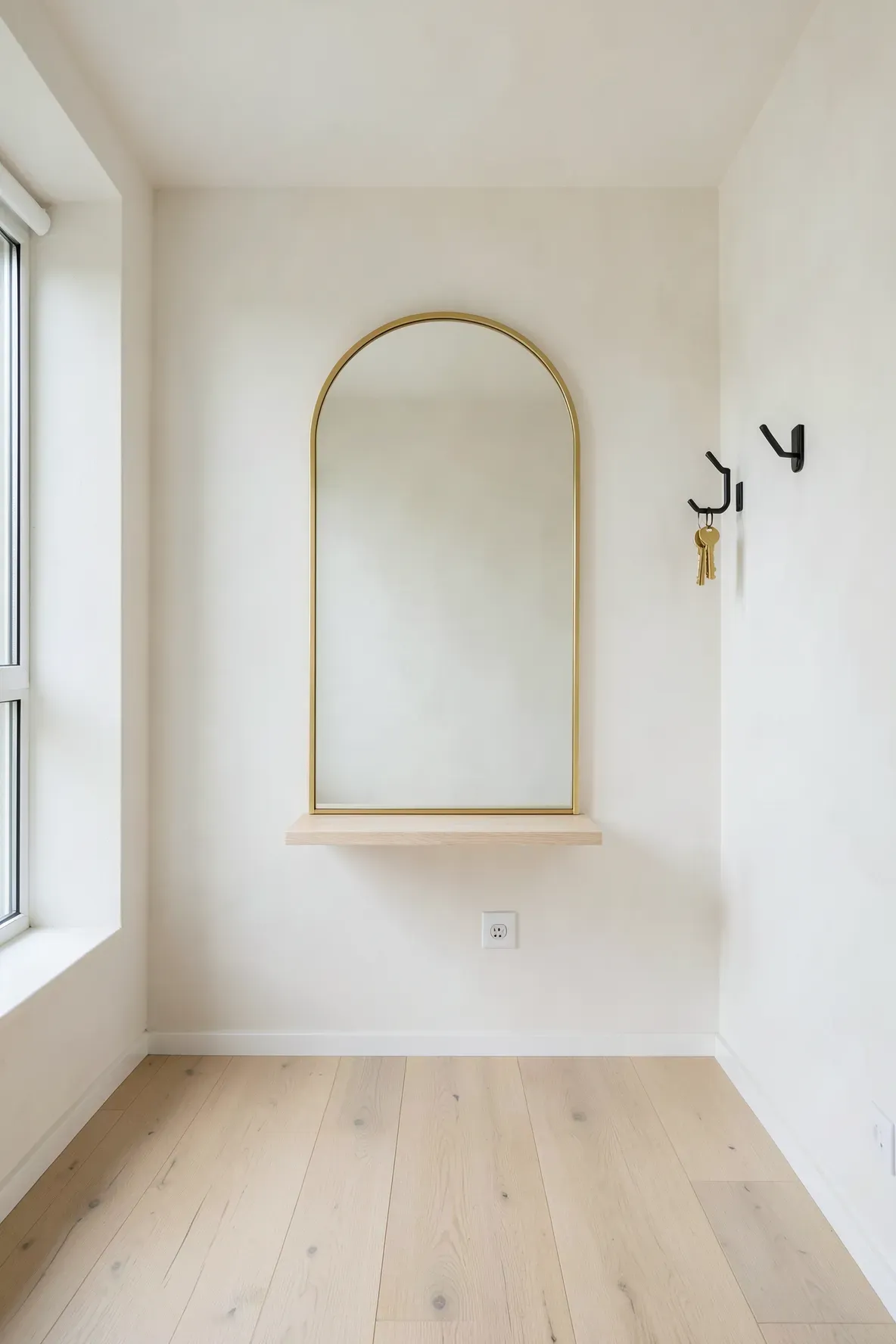 A sleek, thin-framed gold arch mirror hanging in a bright, minimalist white entryway.