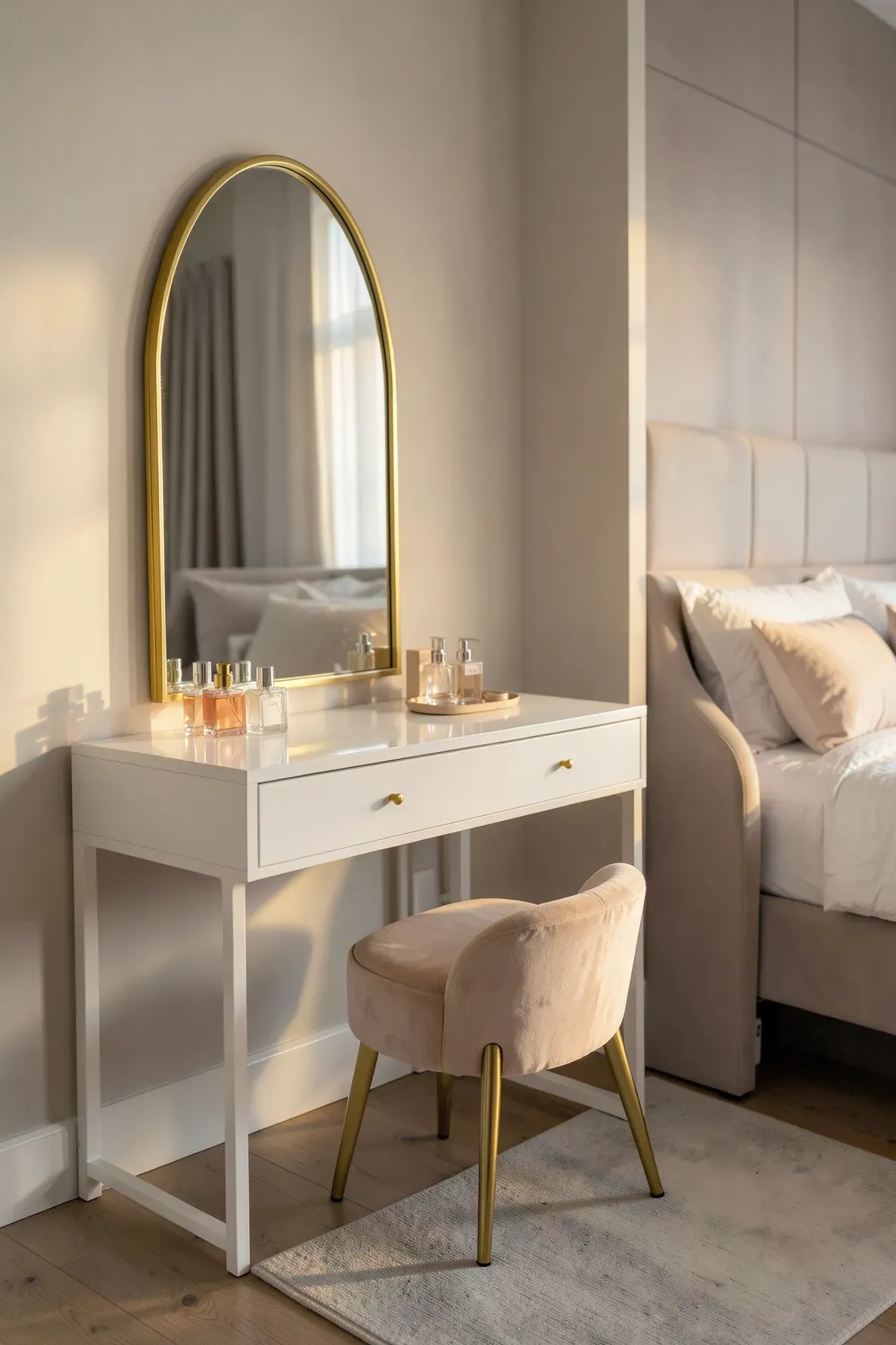 A gold arch mirror styled as a vanity station with a white desk and gold-legged stool.