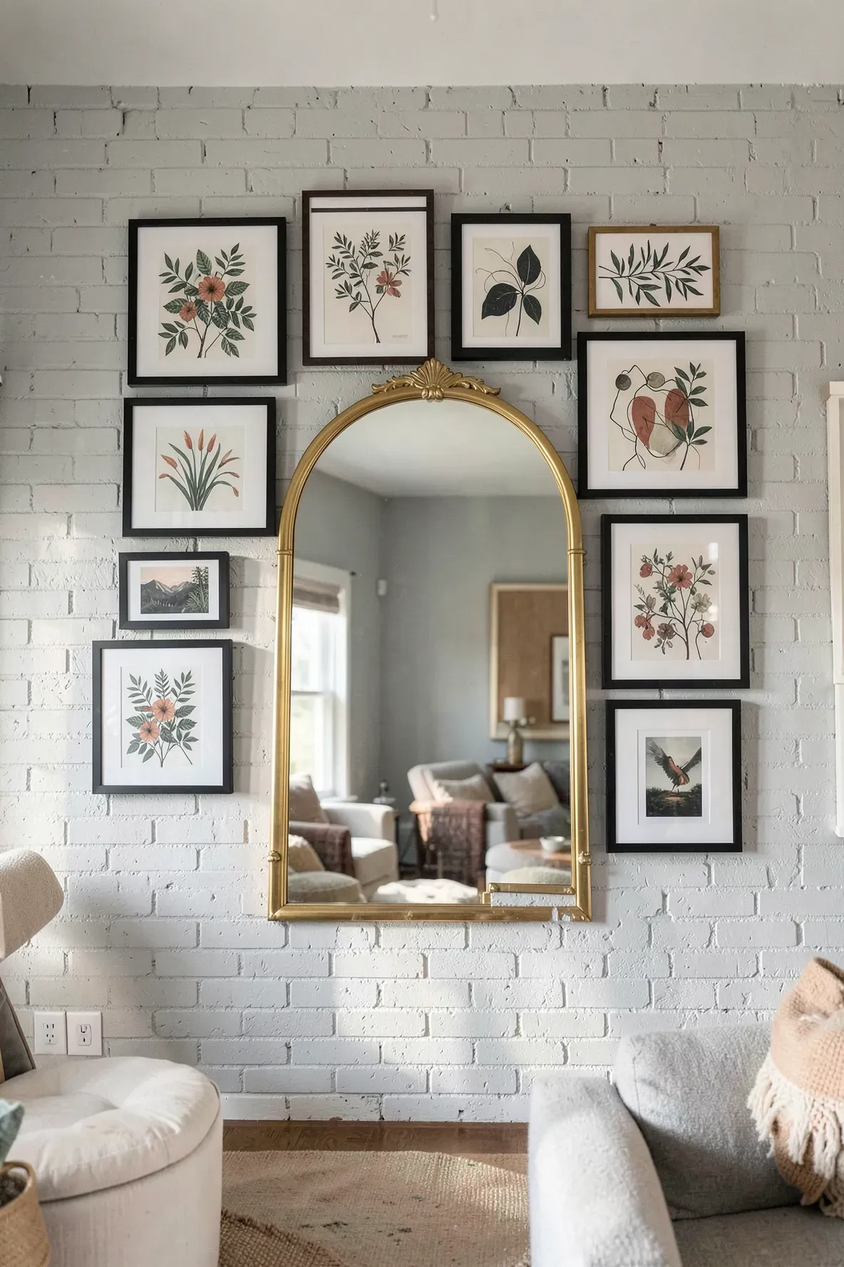 A gold arch mirror integrated into a gallery wall with overlapping framed art prints.