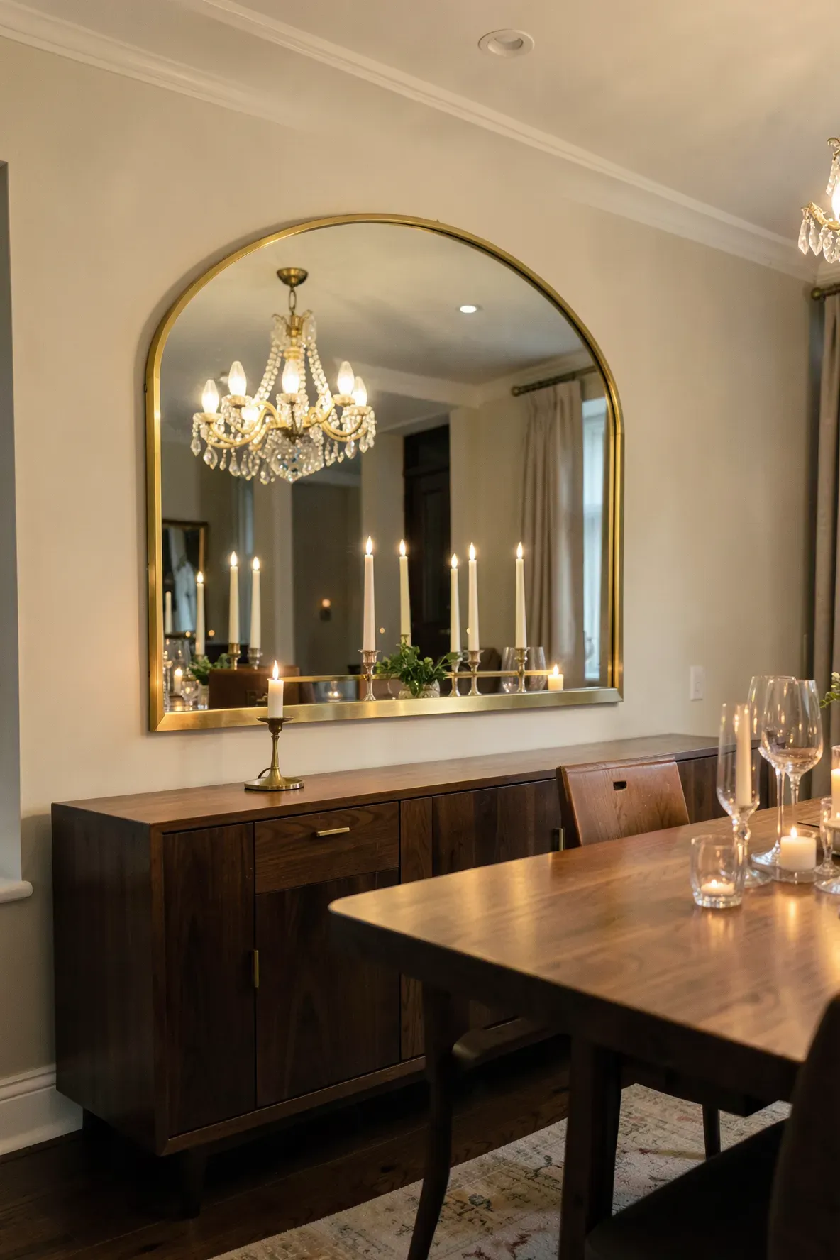 A wide gold arch mirror hung horizontally above a wooden sideboard in a dining room.