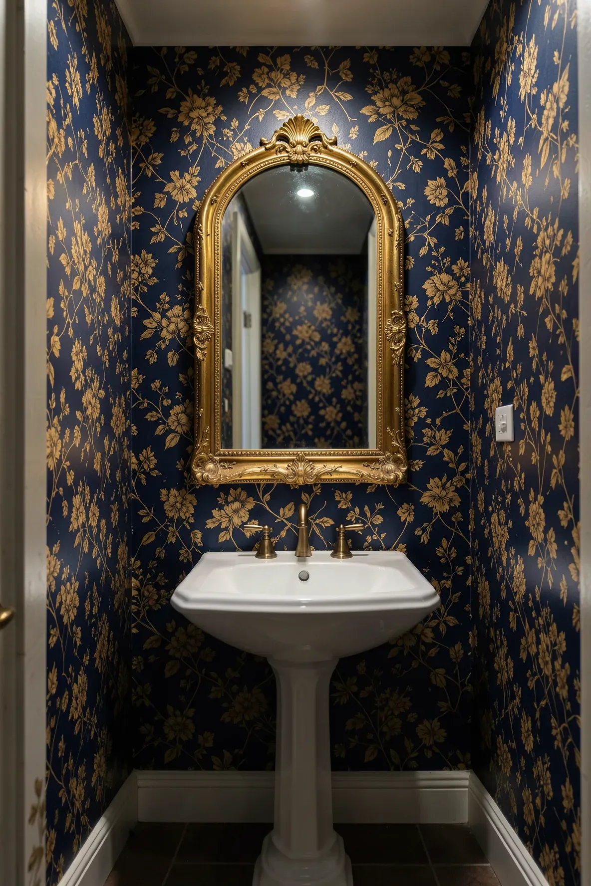 An ornate gold arch mirror hanging above a sink in a moody, wallpapered powder room.