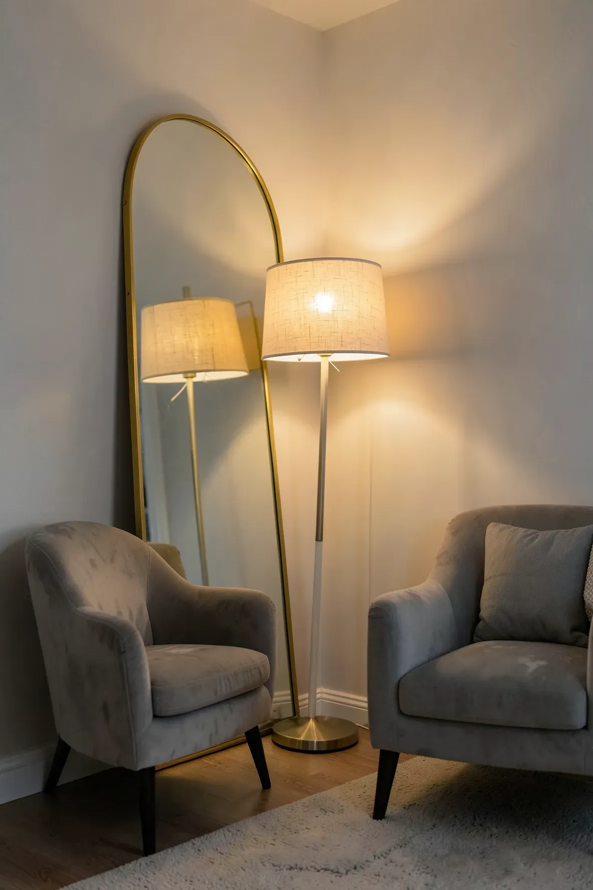 A large gold arch mirror placed behind a tall floor lamp, reflecting warm light into a room.