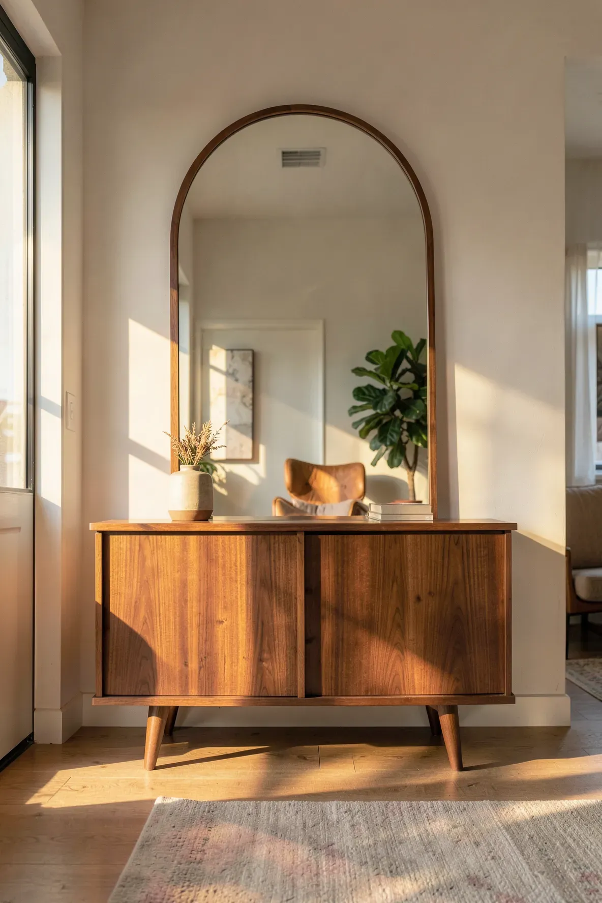 A wide arched mirror centered over a walnut mid-century modern sideboard with tapered legs.
