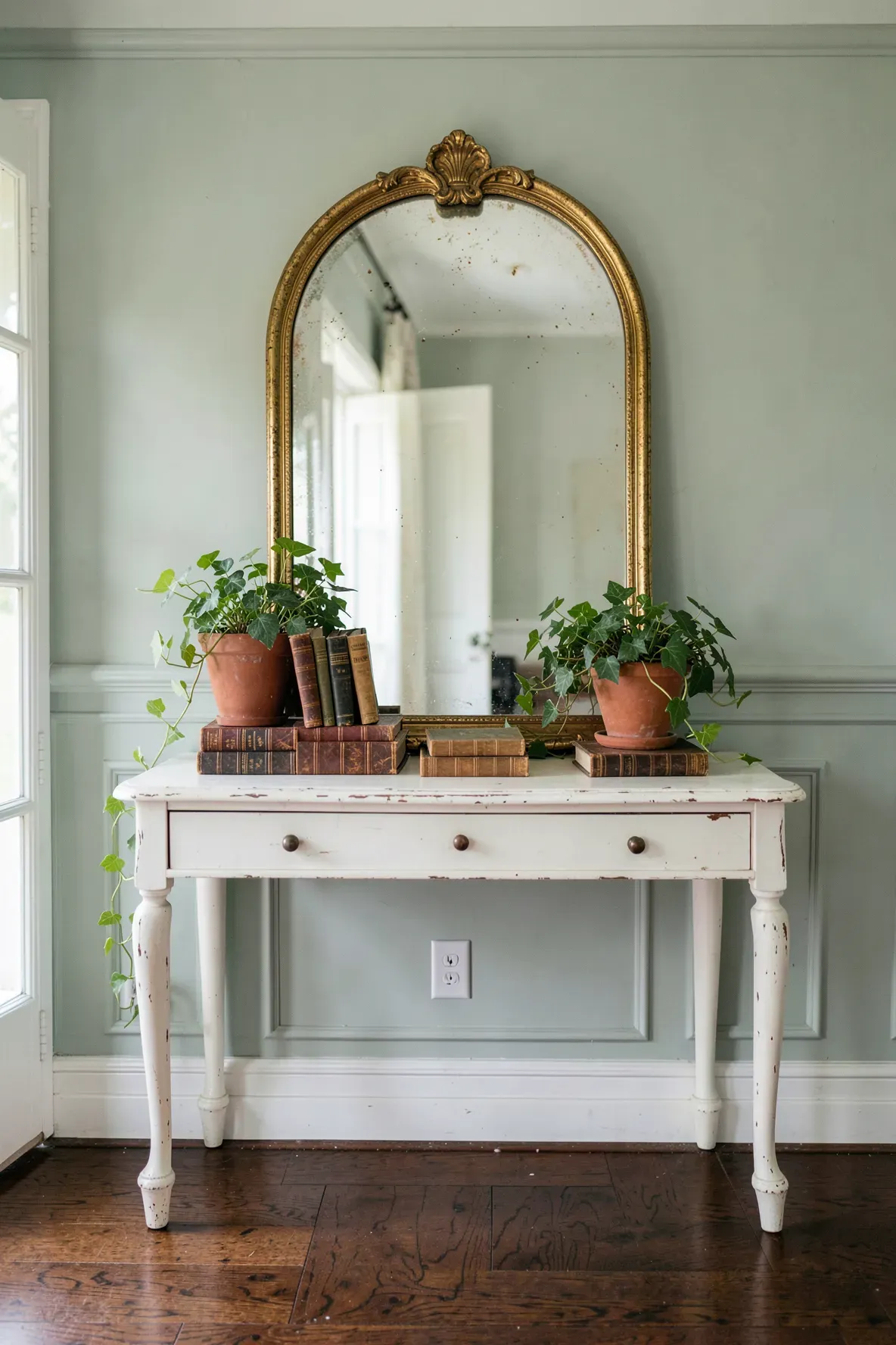 An antique gold arched mirror above a table with vintage books and a green ivy plant.