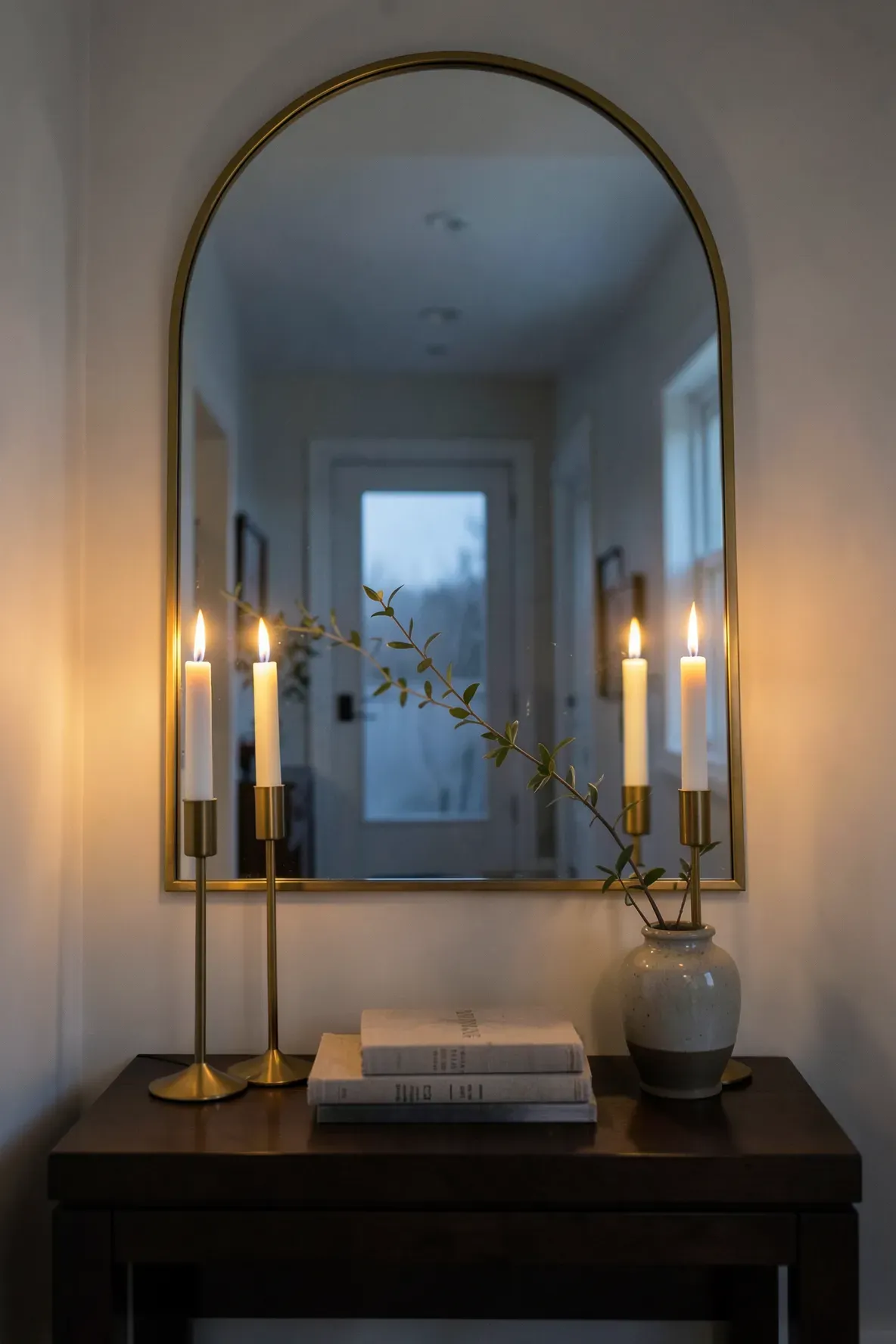 A large arched mirror on an entryway table flanked by two tall lit taper candles.