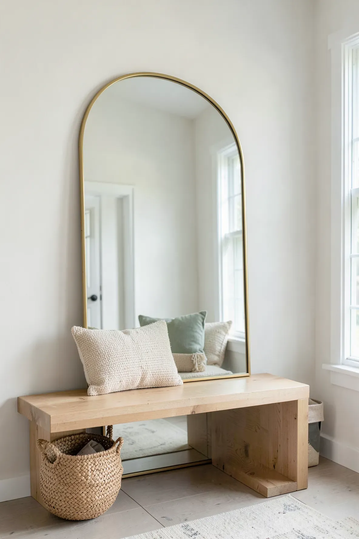 A massive floor-length arched mirror leaning behind a low wooden bench in an entryway.