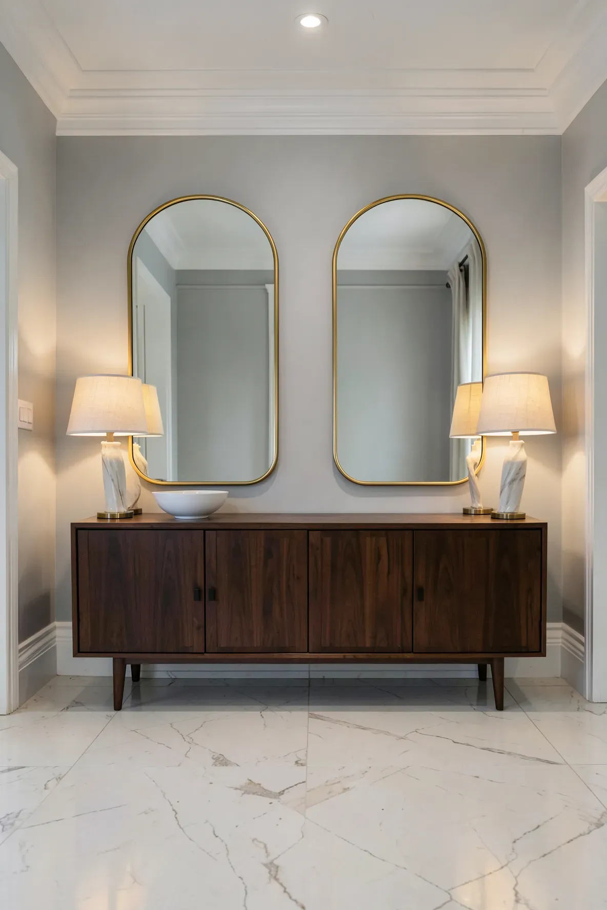 Two identical gold arched mirrors hanging side-by-side over a long walnut credenza in a foyer.