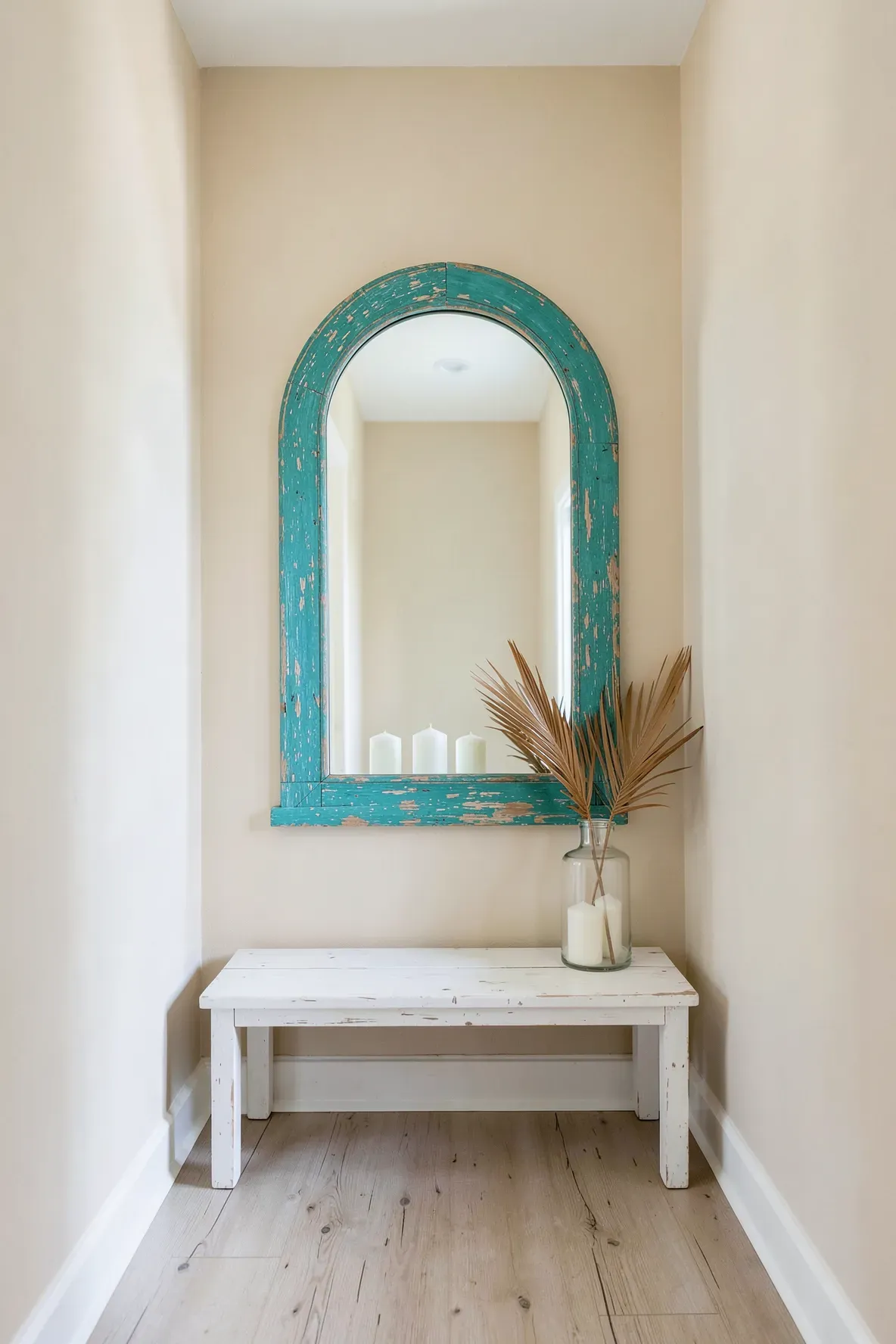 A teal distressed wood arched mirror hanging in a neutral hallway with white decorative candles.